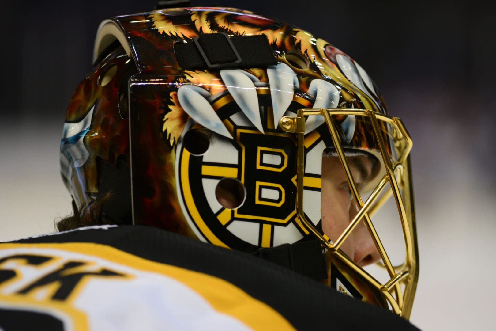 Hockey goalie wearing a decorated mask.