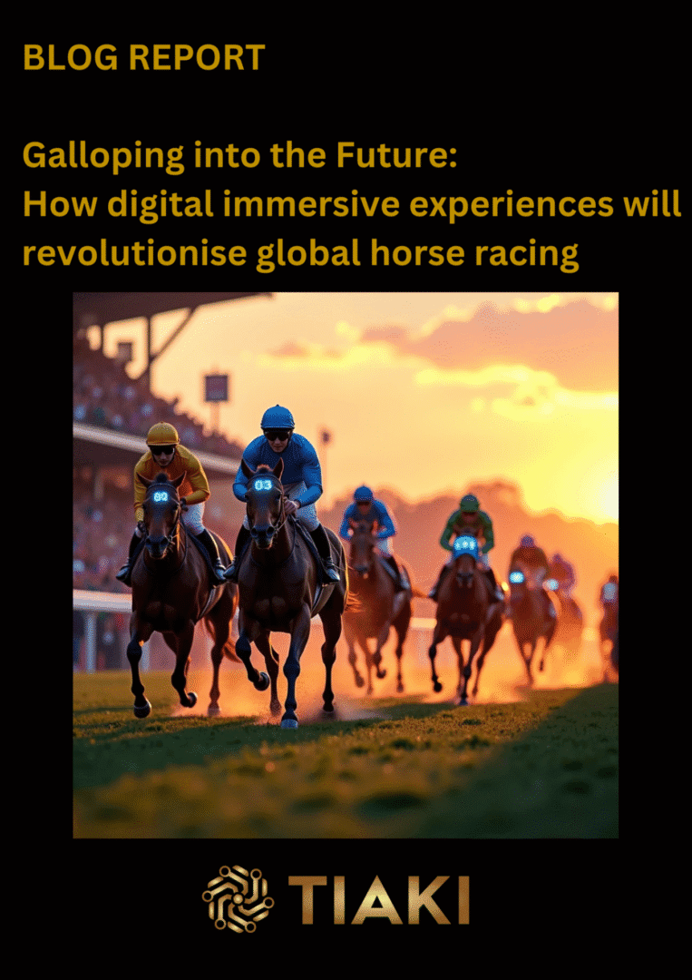 Horse race at sunset with digital theme.
