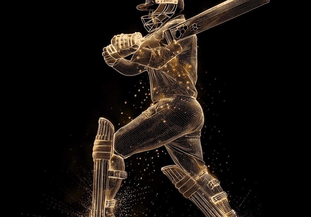Cricketer in action, glowing golden outline.