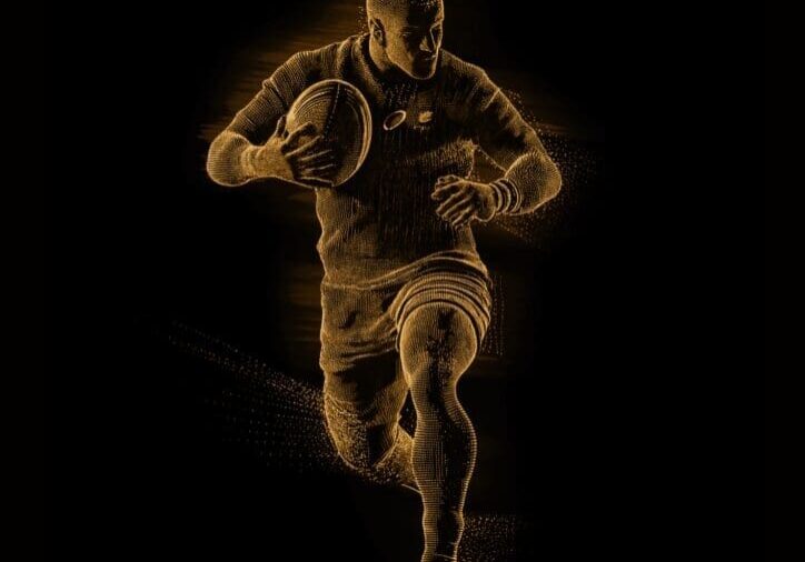 Rugby player in dynamic running pose.
