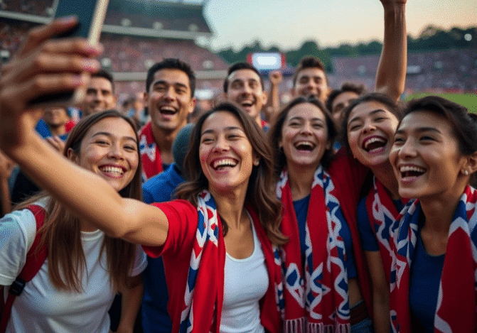 Group of excited fans taking a selfie.