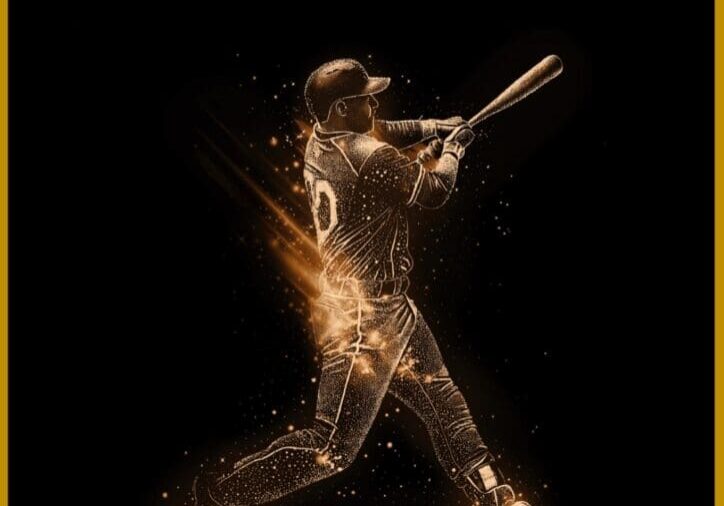 "Baseball player illustration with text overlay."