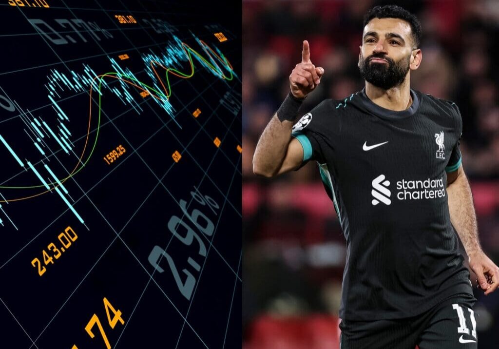 Stock market graph and soccer player celebrating.
