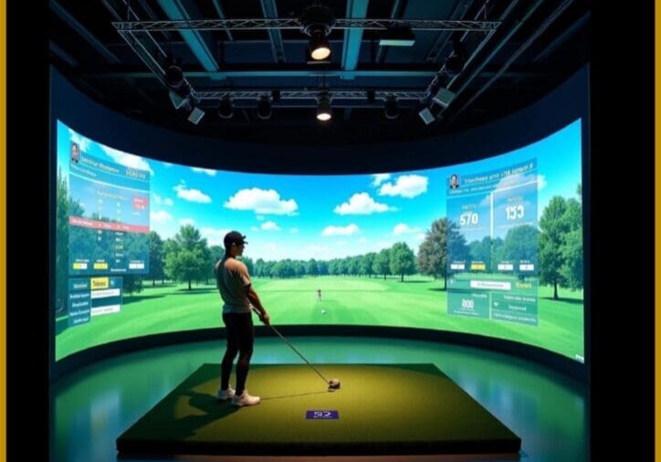 Golf simulator experience in modern setting.