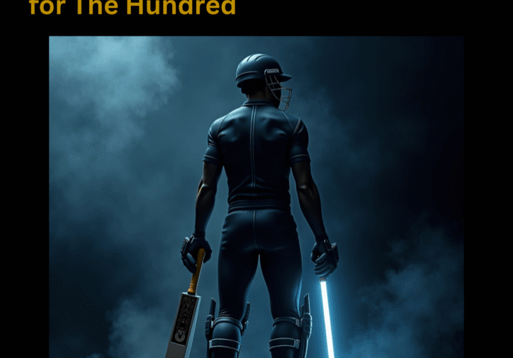 Cricketer holding a bat in dark surroundings.