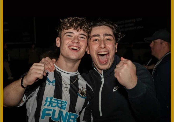 Two young football fans celebrating, report cover