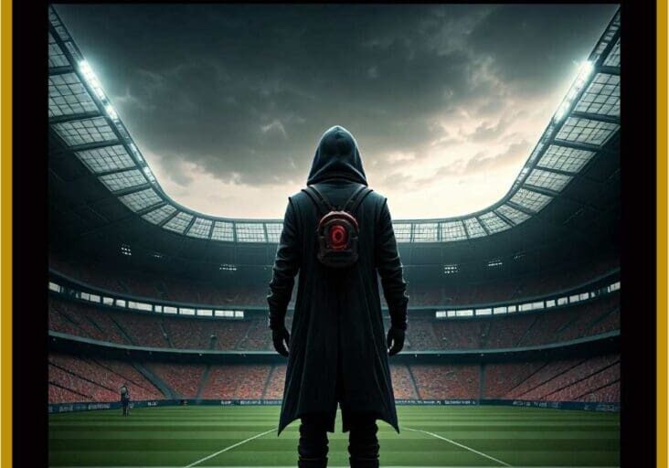 Person standing in a futuristic stadium.