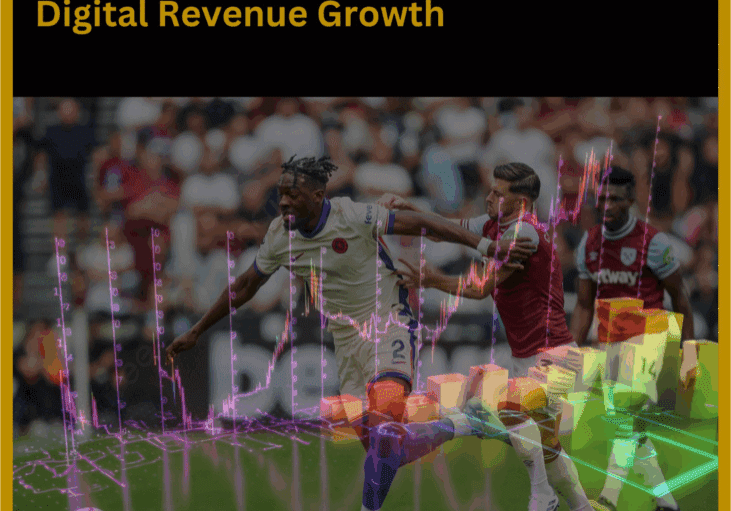 Soccer match with digital revenue growth graphics.
