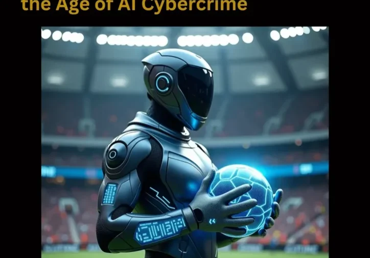 Robotic figure holding a glowing soccer ball.